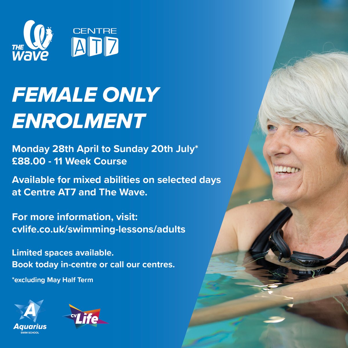 Aquarius Swim School (@cvaquariusswim) on Twitter photo ☀️ BOOK NOW | 3 WEEKS TO GO 🏊♂️
Our next swimming courses will be starting later this month and there's still time to sign up over the phone or in our centres.
Choose from Daytime Ducklings, Female Only, Aquatots or Adult classes.
Find out more:
ow.ly/qpM650VcFa3 ☀️ BOOK NOW | 3 WEEKS TO GO 🏊♂️
Our next swimming courses will be starting later this month and there's still time to sign up over the phone or in our centres.
Choose from Daytime Ducklings, Female Only, Aquatots or Adult classes.
Find out more:
ow.ly/qpM650VcFa3