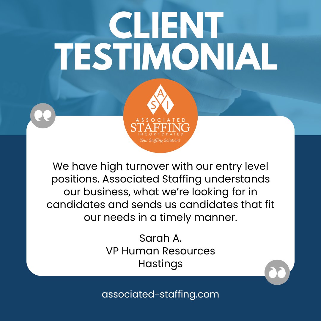 Thank you to our amazing retail client for the kind testimonial! 🙌 We're inspired to keep connecting top talent with outstanding teams like yours. 💙 

#Retail #StaffingSolutions #HRPartner #TestimonialTuesday