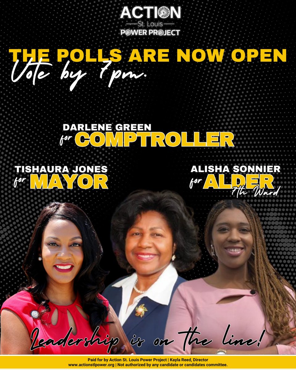 🛎️ St. Louis, the polls are open from now until 7pm! We have the opportunity to vote for the leadership of the city we love. These Black women are battle-tested, proven, and forward-thinking. They care about ALL of St. Louis and have been working to move our city forward.