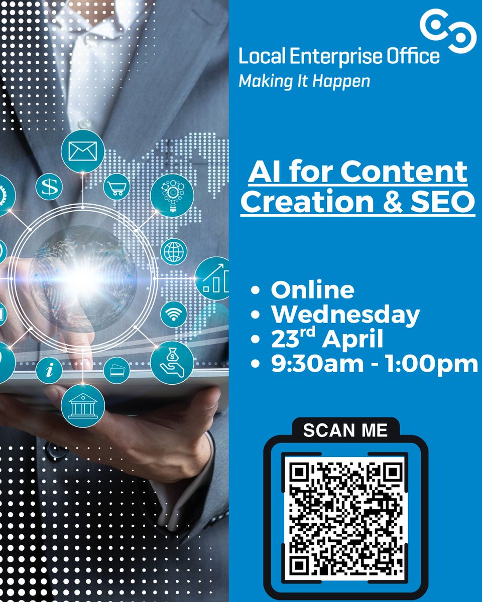 🌟 AI for Content Creation &amp; SEO Workshop 🌟

📅 Date: Wednesday, 23rd April 2025
🕒 Time: 9:30 AM - 1:00 PM
📍 Venue: Online

Join us to revolutionize your digital marketing and future-proof your strategies with AI! 🌱 

🔗 Register Now: localenterprise.ie/Meath/Training…