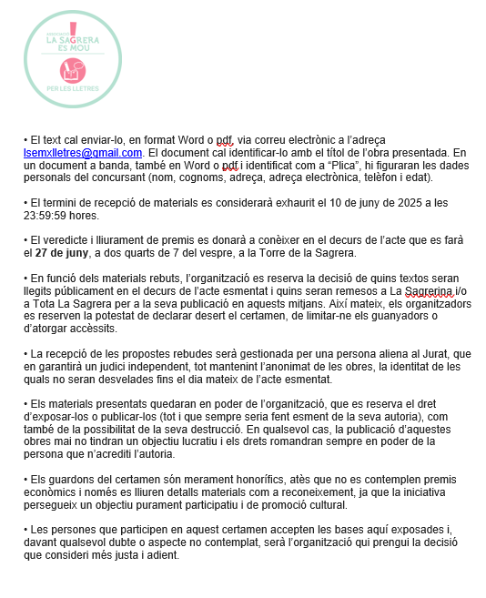 #LaSagreraEsMouperlesLletres convoca un 9 certamen literari. Us en compartim les bases i us convidem a participar-hi i a ajudar-nos a difondre'l
<a href="/BCN_SantAndreu/">BCN_SantAndreu</a> <a href="/FesteslaSagrera/">Festes de la Sagrera</a> <a href="/avvlasagrera/">AVV La Sagrera</a> <a href="/Espai30_Sagrera/">Espai30 - Ateneu Sagrerenc</a> <a href="/escolaelsagrer/">Escola El Sagrer</a> <a href="/EscolaPegaso/">Escola Pegaso</a> <a href="/Escola_LEstel/">Escola L'Estel</a> <a href="/BlauTuro/">Escola Turó Blau</a> <a href="/clubpaticongres/">Club Patí Congrés</a>
