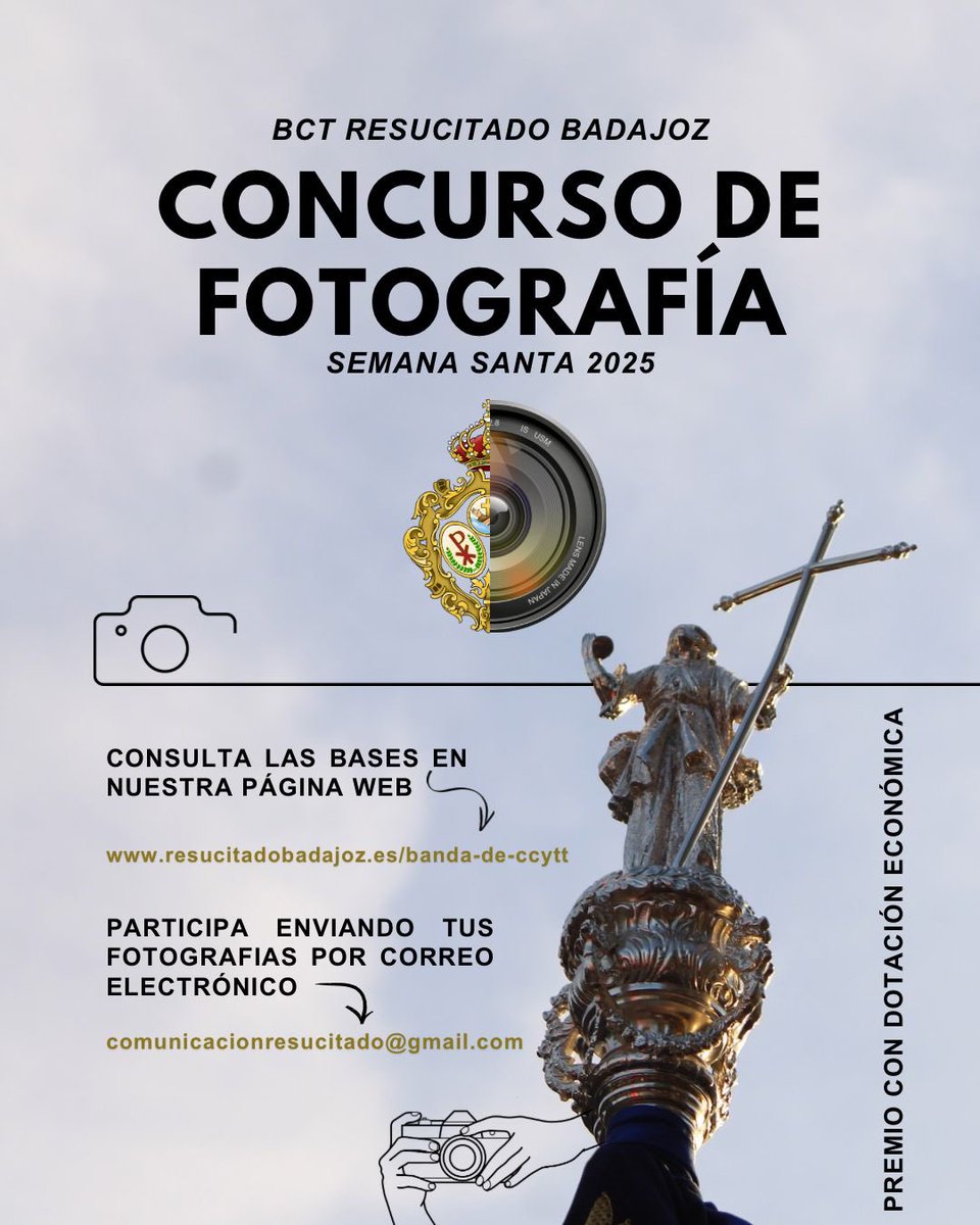 CCTTresucitado's tweet image. 𝐂𝐎𝐍𝐂𝐔𝐑𝐒𝐎 𝐃𝐄 𝐅𝐎𝐓𝐎𝐆𝐑𝐀𝐅𝐈́𝐀

🗓️ 21 de abril al 31 de mayo de 2025
📸comunicacionresucitado@gmail.com
🏆 Premio con dotación económica

Consulta las bases en nuestra página web:

resucitadobadajoz.es/banda-de-ccytt