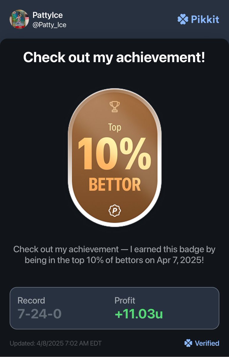 CryptoPat_Tat's tweet photo. Check out my achievement!  https://t.co/urqpVVjEGG #pikkit #gambling #mlb https://t.co/ZFG99N1sOH