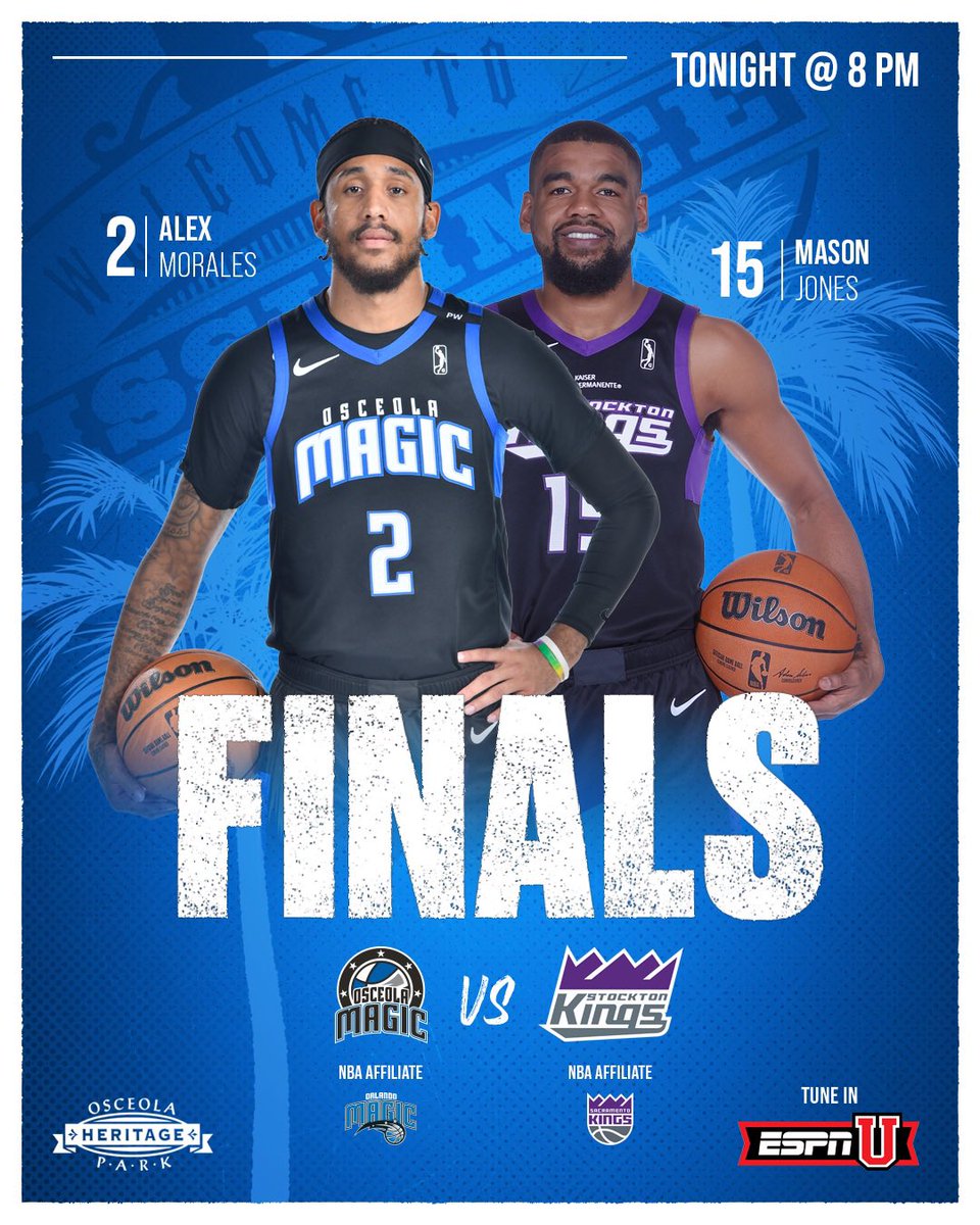 GAME ONE OF THE NBA G LEAGUE FINALS IN KISSIMMEE 🪄

🆚 <a href="/StocktonKings/">Stockton Kings</a> 
⏰ 8 PM ET
📍 <a href="/OHP_Venues/">Osceola Heritage Park</a> 
📺 <a href="/ESPNU/">ESPNU</a> 

🎟️ bit.ly/OSC4825