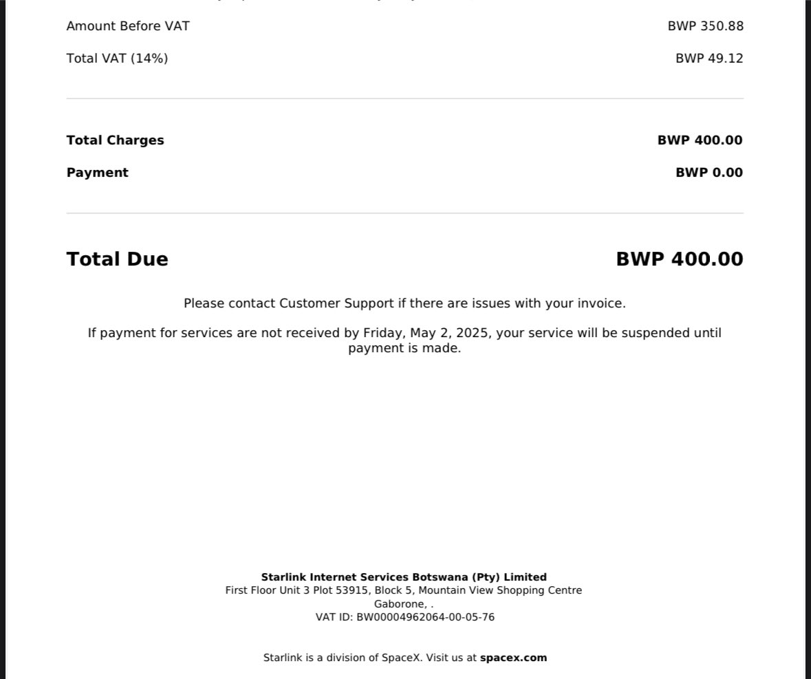 Just noticed that Starlink is a registered business in Botswana. It also charges one 14% consumer VAT. The most beautiful part though is that where the automatic payment fails they don’t cut your service right away, unlike local ISPs, but give you about 3 weeks to pay.