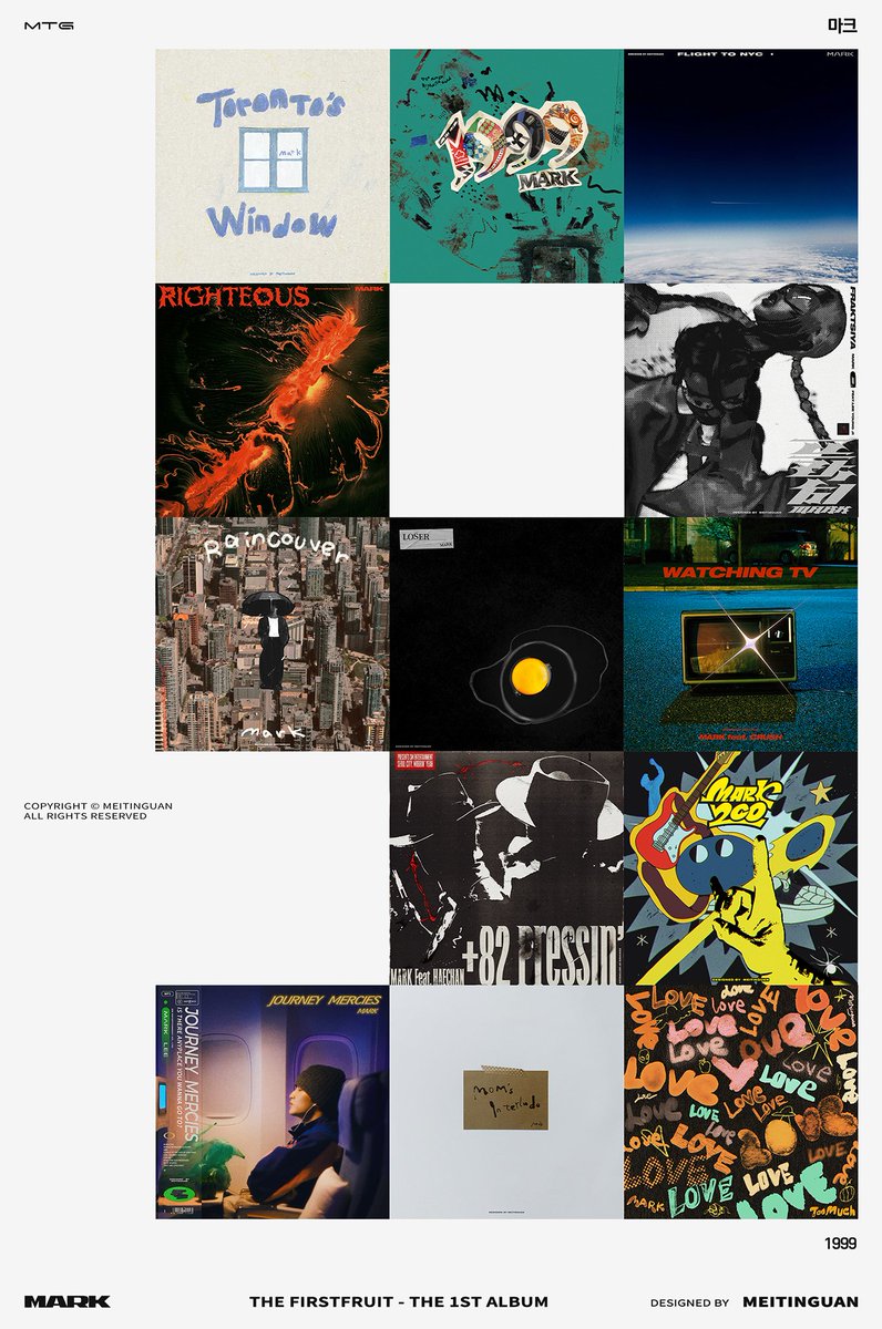 MEITINGUAN's tweet photo. ✶ 封面设计 ✶
MARK [ The Firstfruit - The 1st Album ]

Toronto's Window / 1999 / Flight to NYC
Righteous / Fraktsiya / Raincouver
Loser / Watching TV / +82 Pressin'
200 / Journey Mercies
Mom's Interlude / Too Much ​​​

#MARK_TheFirstfruit #MARK_1999 
#NCT #MARKLEE 
#design https://t.co/6YVwjuu7Dq