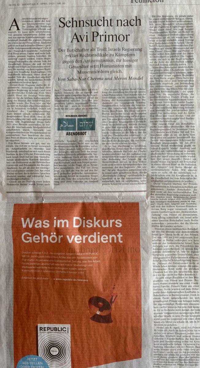 Dr. Meron Mendel (@meronmendel) on Twitter photo Es wurde schon viel in den letzten Tagen über die Ausladung von Omri Boehm geschrieben. <a href="/sabanurcheema/">Saba-Nur Cheema</a> und ich sind der Frage nachgegangen, welche Strategie die Netanjahu-Regierung mit solchen Interventionen folgt.
faz.net/1.10405515?pre… faz.net/1.10405515?pre… Es wurde schon viel in den letzten Tagen über die Ausladung von Omri Boehm geschrieben. <a href="/sabanurcheema/">Saba-Nur Cheema</a> und ich sind der Frage nachgegangen, welche Strategie die Netanjahu-Regierung mit solchen Interventionen folgt.
faz.net/1.10405515?pre… faz.net/1.10405515?pre…