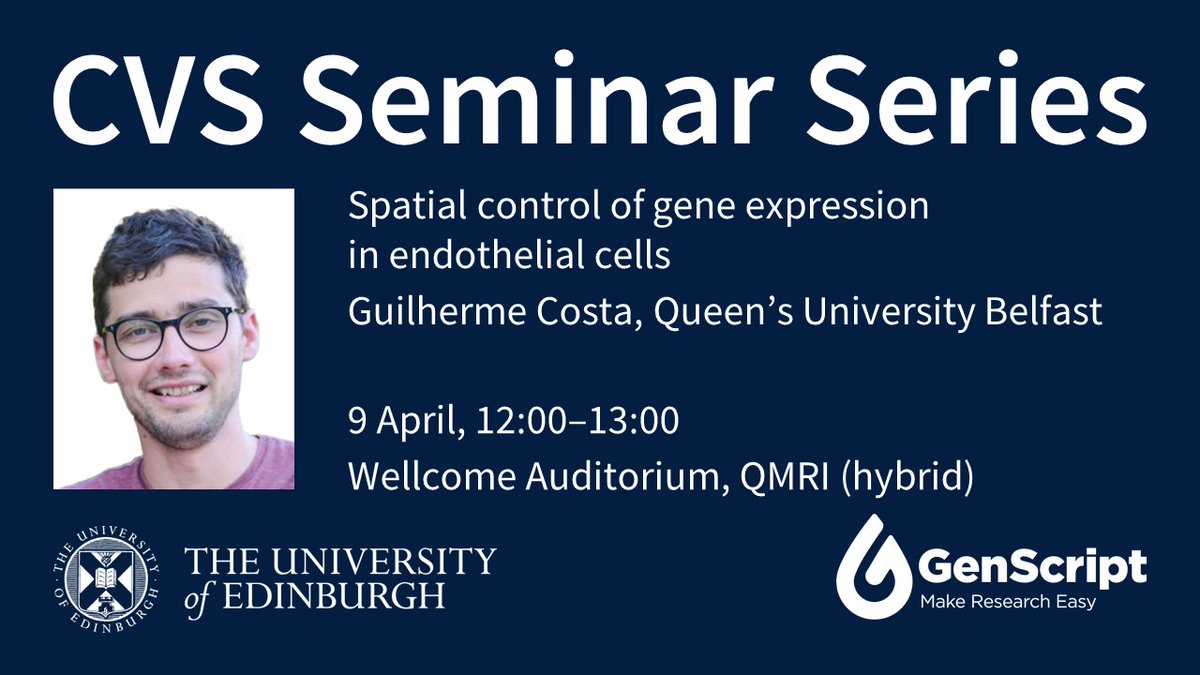 EdinUniCVS (@edinunicvs) on Twitter photo Excited to welcome Guilherme Costa from Queen’s University Belfast for this week’s CVS Seminar!
🗓️ 9 April, 12:00–13:00
Wellcome Auditorium, QMRI <a href="/EdinburghBQ/">Edinburgh BioQuarter</a>
Join on Teams ➡️ edin.ac/4jet6aL Excited to welcome Guilherme Costa from Queen’s University Belfast for this week’s CVS Seminar!
🗓️ 9 April, 12:00–13:00
Wellcome Auditorium, QMRI <a href="/EdinburghBQ/">Edinburgh BioQuarter</a>
Join on Teams ➡️ edin.ac/4jet6aL