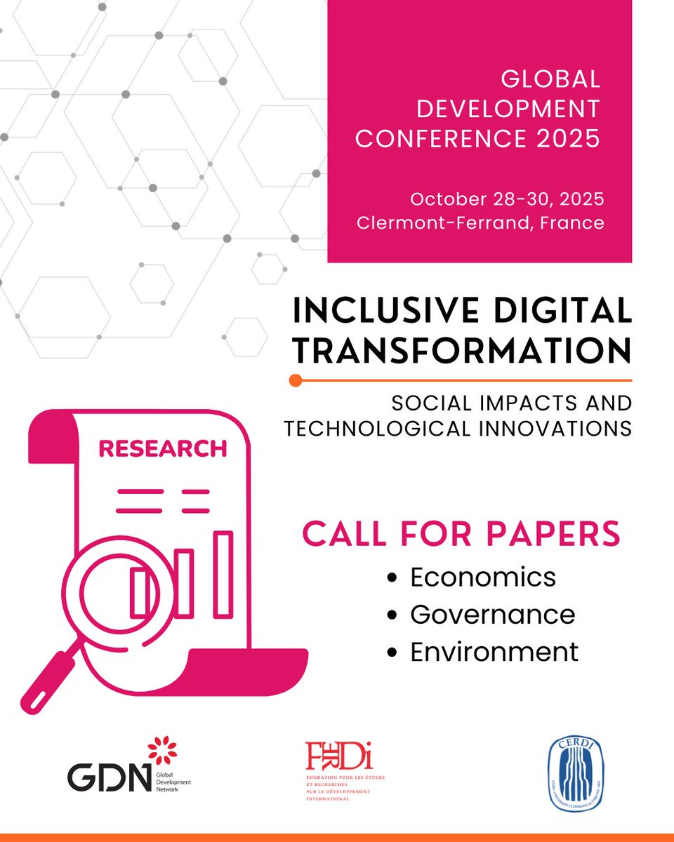 Global Development Network (@gdnint) on Twitter photo 📢 Call for Papers
The Global Development Conference 2025 is seeking original, unpublished research on digital transformation and its impact on economics, governance, and the environment. Open to nationals of low- and middle-income countries.
Learn more and submit your paper 📢 Call for Papers
The Global Development Conference 2025 is seeking original, unpublished research on digital transformation and its impact on economics, governance, and the environment. Open to nationals of low- and middle-income countries.
Learn more and submit your paper