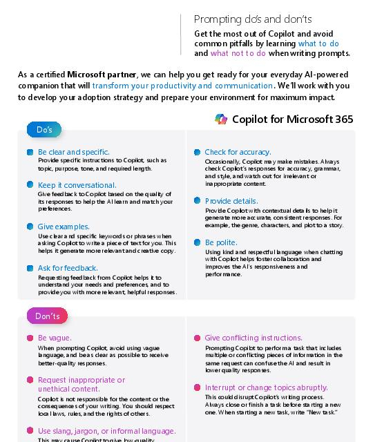 AI only works as well as the instructions you give it. This infographic explains the do's and don'ts of AI messaging and how to craft better prompts for #Microsoft365 #Copilot - so you get the most accurate and useful responses every time. Read on... stuf.in/bg5esu