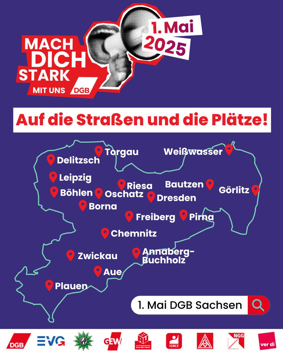 Sei am #1Mai dabei! Mach dich #StarkMitUns für eine gute #Zukunft, für bessere Arbeits- und Lebensbedingungen, für mehr #Tarifverträge und #Mitbestimmung, für soziale #Gerechtigkeit und gesellschaftlichen #Zusammenhalt! Infos zum #TagDerArbeit in #Sachsen: sachsen.dgb.de/erster-mai