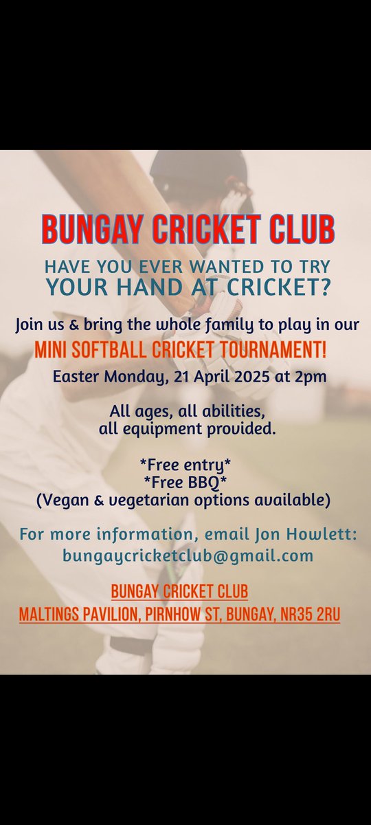 Is the cricket pitch calling your name? 🏏 Bring the whole family to Bungay Cricket Club on Easter Monday at 2pm and have a go playing in our free, fun Mini Softball Cricket Tournament!

📩 Info: Email Jon Howlett: bungaycricketclub@gmail.com 

🔗 Follow us Instagram: @bungaycc