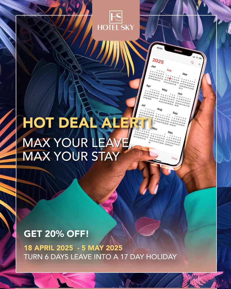 HOT DEAL ALERT🔥

Turn 6 days of leave into a 17-DAY HOLIDAY from 18 April – 6 May – and we’re making it even sweeter with 20% OFF your stay at <a href="/HotelSkySA/">Hotel Sky</a> Sandton!

Direct Bookings Only!
reservations.sandton@hotelsky.co.za