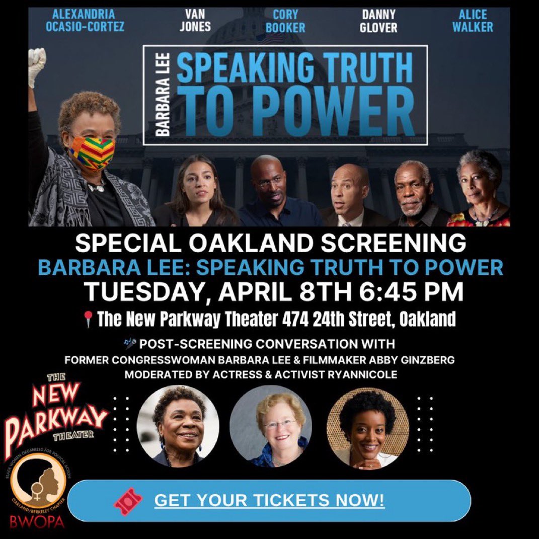 Special Screening Event – Barbara Lee: Speaking Truth to Power
April 8 |🕖 6:45 PM
📍 <a href="/TheNewParkway/">The New Parkway</a> 
🎤 Post-Screening Conversation Featuring Former Congresswoman <a href="/BarbaraLee_CA/">Barbara Lee</a> Abby Ginzberg #RyanNicole <a href="/BWOPATILE/">BWOPA - Black Women Organized for Political Action</a> 

Tickets: ticketing.uswest.veezi.com/purchase/18133…