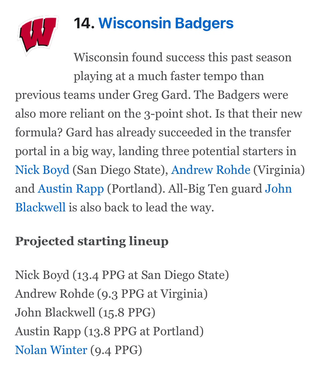 Wisconsin listed as an early Top 20 team for next season following their new transfer additions of Boyd, Rohde, and Rapp