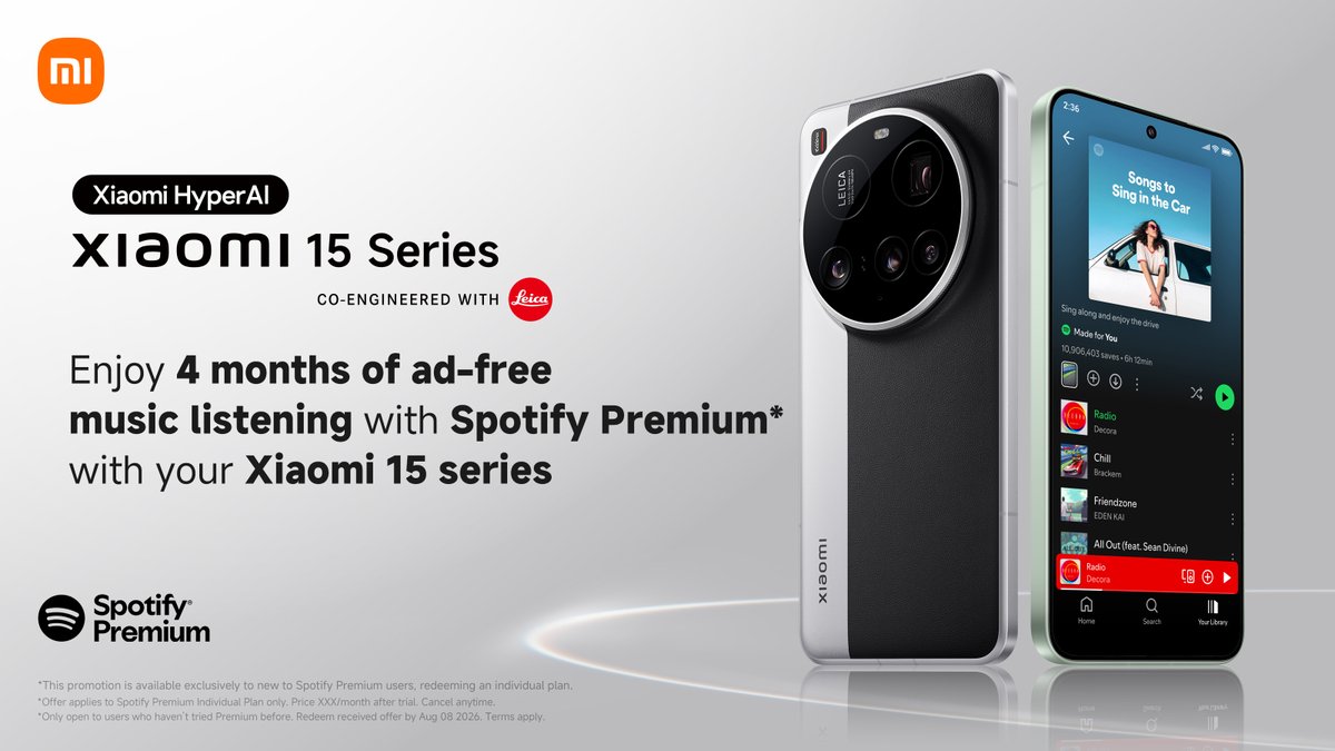 #Xiaomi15Series partners with <a href="/Spotify/">Spotify</a>

Enjoy 4 months of ad-free music with Spotify Premium. Learn more here: bit.ly/3ELyeEq