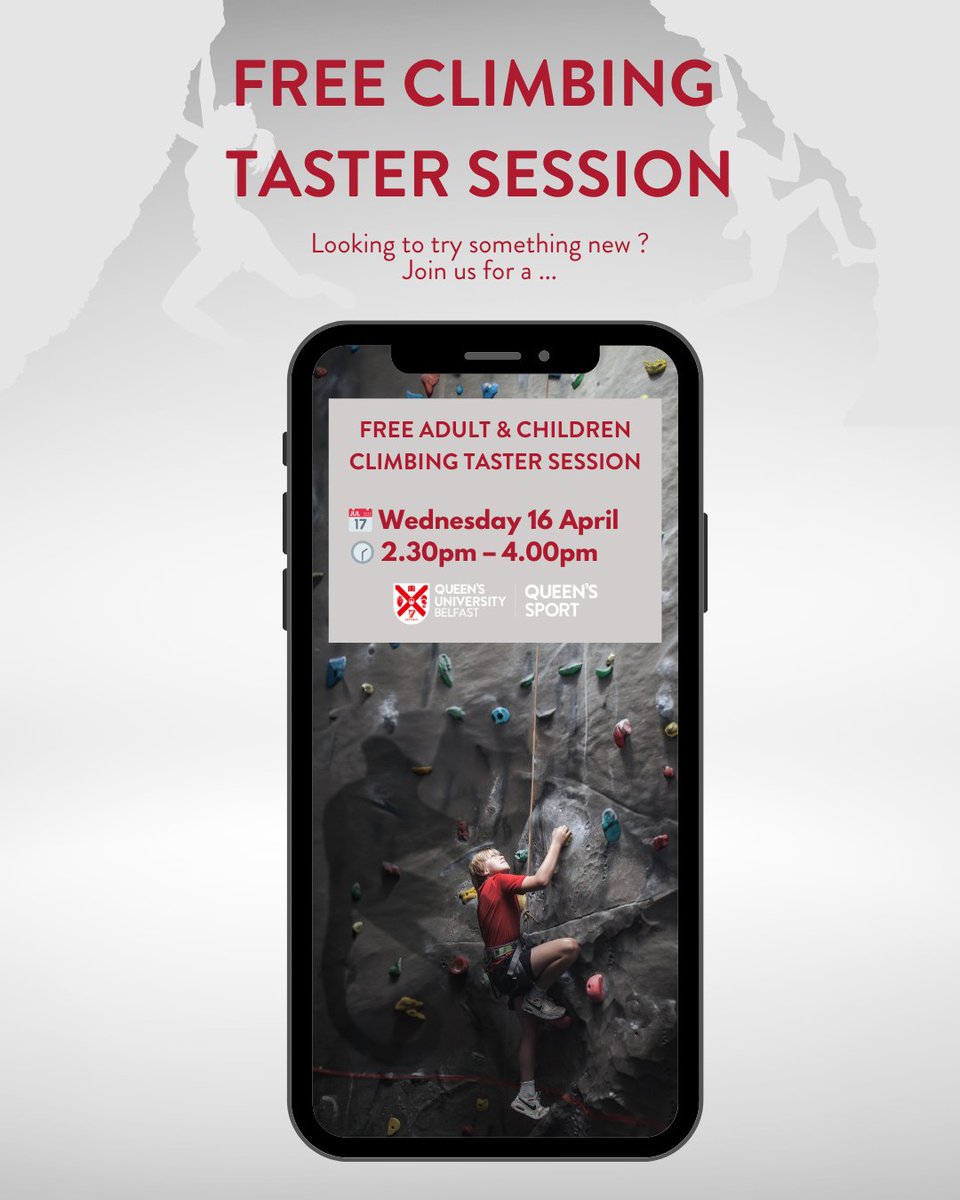 QueensSport's tweet photo. Looking to try something new? Join us for a free adult &amp; children's (8+) climbing session on:

📅 Wednesday 16 April
🕝 2.30pm – 4.00pm

📍 Spaces are limited – book now via Eventbrite:
👉 https://t.co/RP732O6rUF

#QueensSport #FreeClimbing #TrySomethingNew #SpringCourses https://t.co/ICmXpmoZnO