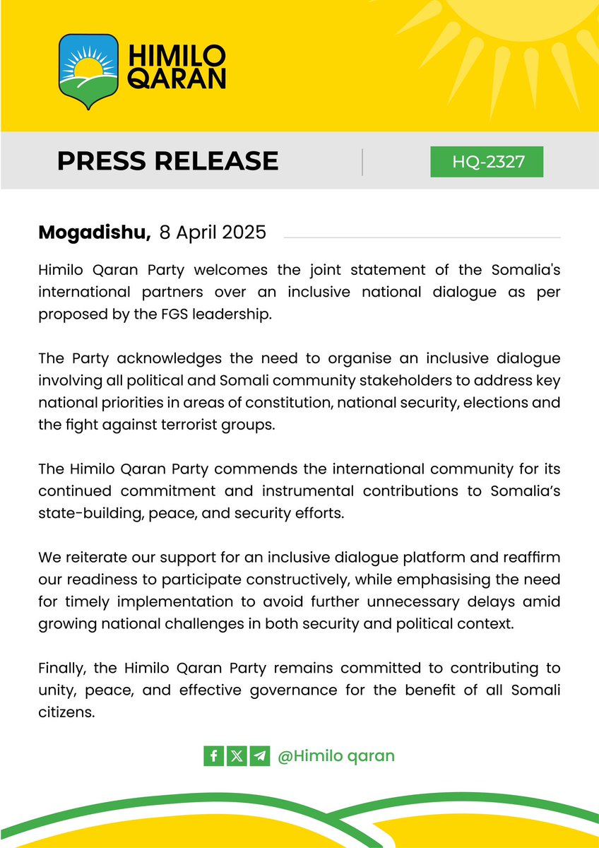 HimiloQParty's tweet photo. Himilo Qaran Party welcomes the joint statement of the Somalia's international partners over an inclusive national dialogue as per proposed by the FGS leadership. https://t.co/RCU30ojC06