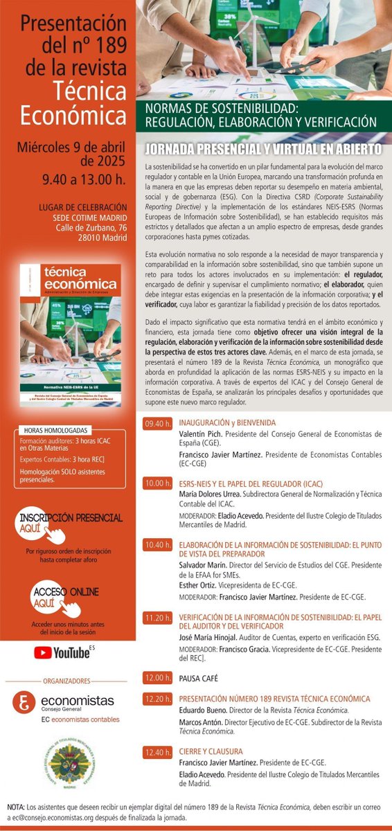 REAauditores's tweet photo. 📣 Jornada Normas de #Sostenibilidad CGE 👥 presencial y 💻 virtual en abierto (Youtube) 📆 09.04.2025 ⏰ 9:40-13:00 (3h otras materias✔️ solo presencial) 📙 Presentación del nº 189 de la Revista Técnica Economica ✅ #NEIS #ESRS #Verificacion 📌
https://t.co/97iIlt5ySp https://t.co/hY0oqPc4Xt