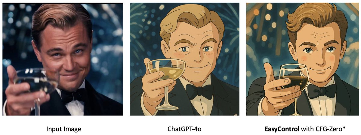 EasyControl(🤗Huggingface Demo: huggingface.co/spaces/jamesli…) supports our CFG-Zero* now!

✨Check our Github repo: github.com/WeichenFan/CFG…

#ghiblistyle 
Here are the comparisons with 4o ⬇️