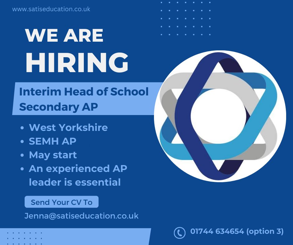 Jenna Everett- Satis Education (@jenna_satis) on Twitter photo ⚠️Interim Head of School ⚠️
An exciting opportunity to join a Trust on an exciting journey and to make a real impact.
<a href="/SatisEducation/">Satis Education</a>
#BringingGreatPeopleTogether #education #edutwitter #educhat ⚠️Interim Head of School ⚠️
An exciting opportunity to join a Trust on an exciting journey and to make a real impact.
<a href="/SatisEducation/">Satis Education</a>
#BringingGreatPeopleTogether #education #edutwitter #educhat