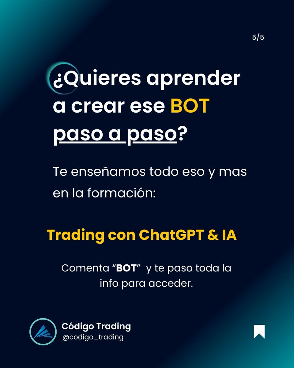 CodigoTrading's tweet image. 🚨 ¿Aún operas a mano en trading?

🎯 “Trading con ChatGPT &amp;amp; IA”👉 codigo.trading

⚠️Advertencia: El trading conlleva alto riesgo de pérdida de capital. La información es solo informativa.

#tradingconia #botdetrading #tradingautomatizado #chatgpttrading #trading #ia