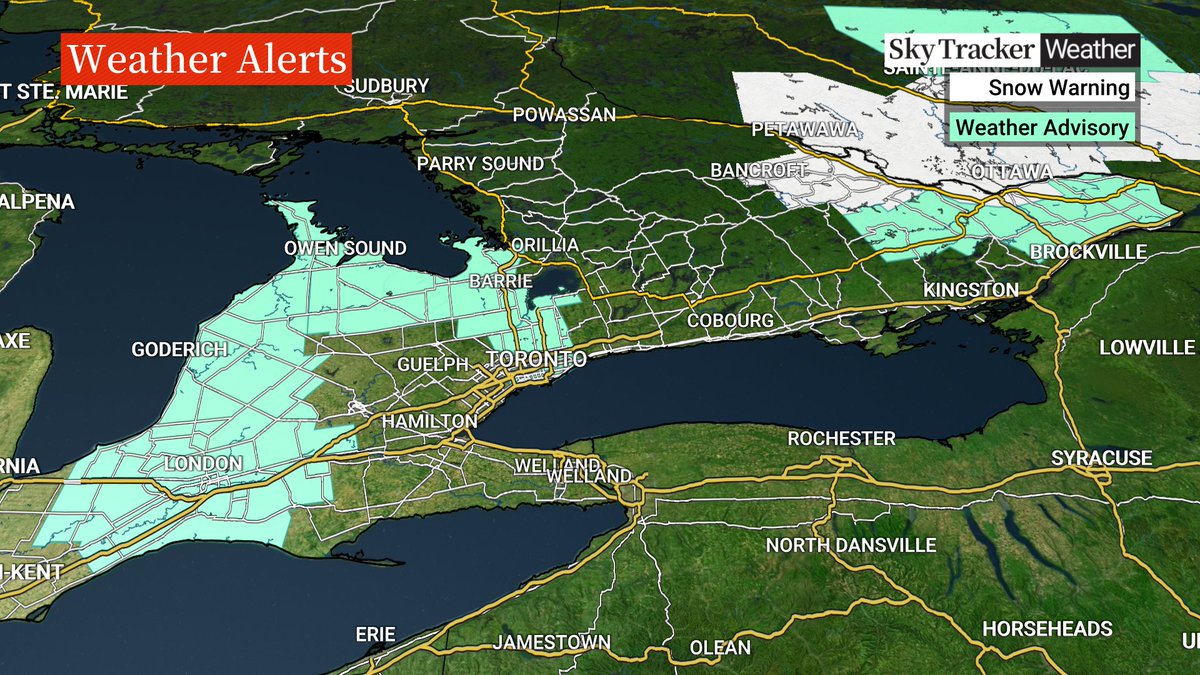 Winter weather travel advisory for parts of southern ON including the GTA as a band of lake effect snow makes for a slippery a.m. commute. 2-5 cm of accumulation for most areas, 5+cm closer to Georgian Bay. Flurries ease by later this morning but stays cold! #ONStorm