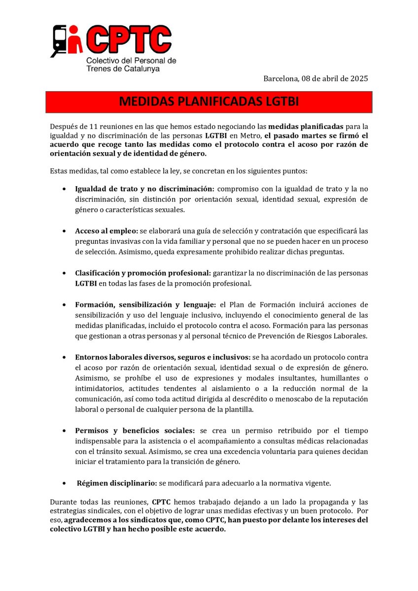 ¡Buenas tardes! 🌞🌞🌞

Adjuntamos un escrito referente a la firma del acuerdo de las medidas planificadas para la igualdad y no discriminación de las personas LGTBI y el protocolo contra el acoso por razón de orientación sexual y de identidad de género.

Seguimos 💪