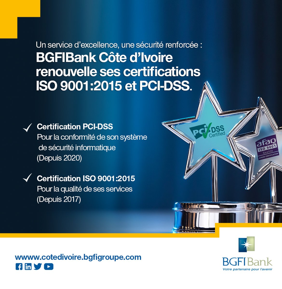 BGFIBankCI's tweet photo. BGFIBank Côte d'Ivoire renouvelle avec succès ses certifications PCI-DSS et ISO 9001. 
Merci à nos équipes pour leur engagement au quotidien, et à nos Clients pour leur confiance.
#BGFIBank #BGFIBankCI #PCIDSS #ISO9001 https://t.co/G8hXsZ5dHE