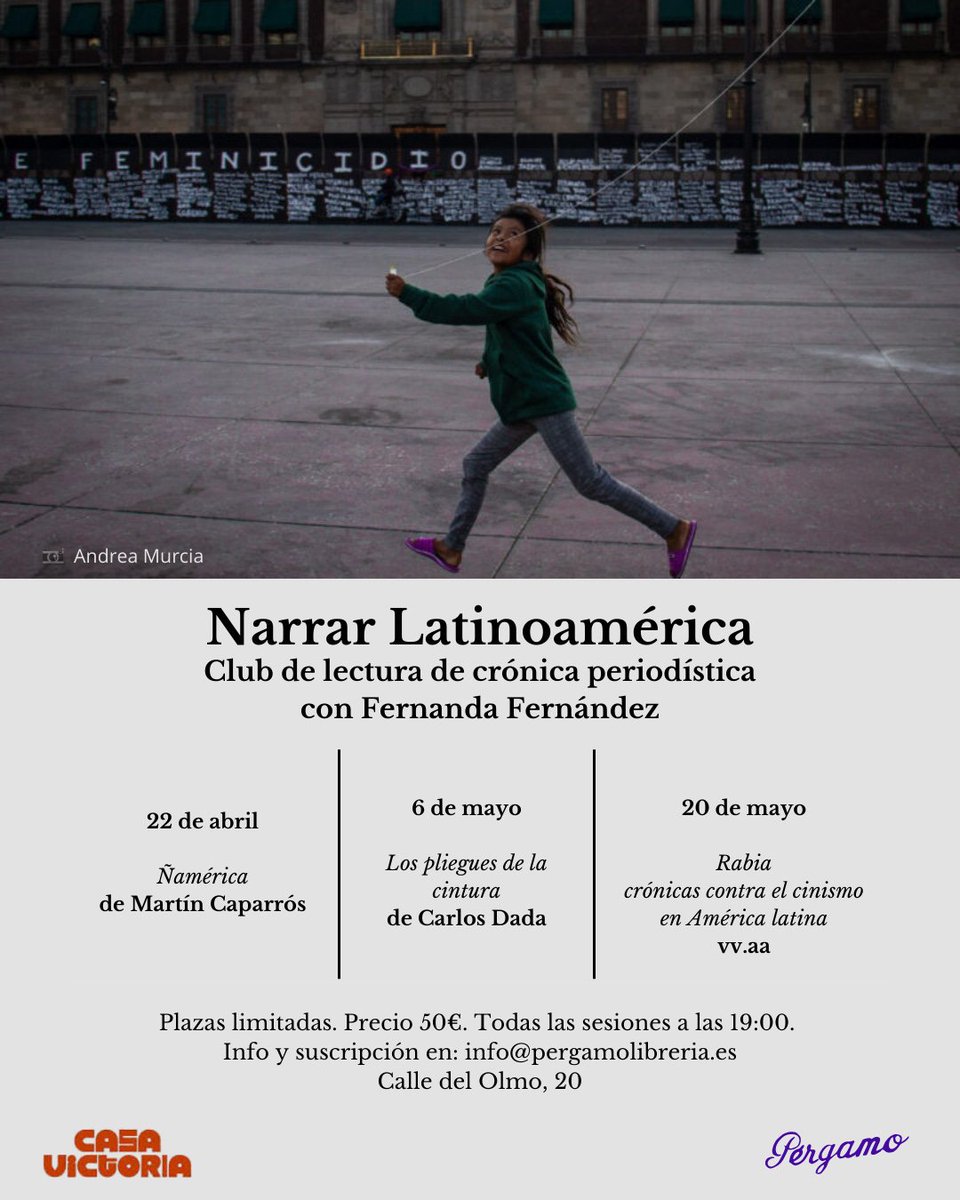 El 22 de abril, a las 19:00, <a href="/Pergamo_Lib/">Pérgamo</a> estrena su club de crónica periodística, un grupo de lectura dirigido por <a href="/fertambienfer/">Fernanda Fernández</a> alrededor de tres obras del género. 
La pinta del club es espectacular. Y el lugar, Casa Victoria, en Tirso de Molina, no le va a la zaga.