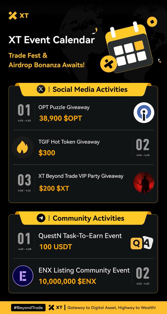 aropsng's tweet photo. 📅 XT Event Calendar🚀 Trade Fest & Airdrop Bonanza Awaits! 🚀
🔥 Spot, Futures, Social & Community Events—All in One Place!
💡 Join now & trade your way to the top!
#XT #XTEvent #CryptoTrading #Airdrop
About https://t.co/CDPhyhUTVA https://t.co/ErfJ35eeTN