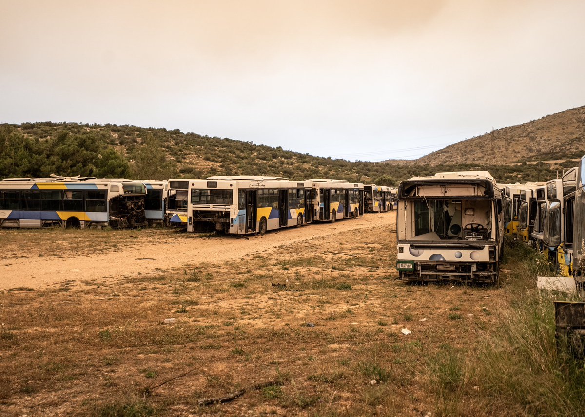 urbandoned_'s tweet photo. On Friday, we are sharing one of our tensest explorations; exploring a massive, bus graveyard in Greece protected by multiple security posts, dogs, and camera poles. We experience a weather phenomenon, as an African sandstorm carried dust clouds over Athens. 
#abandoned #urbex https://t.co/fLxYpc75QF
