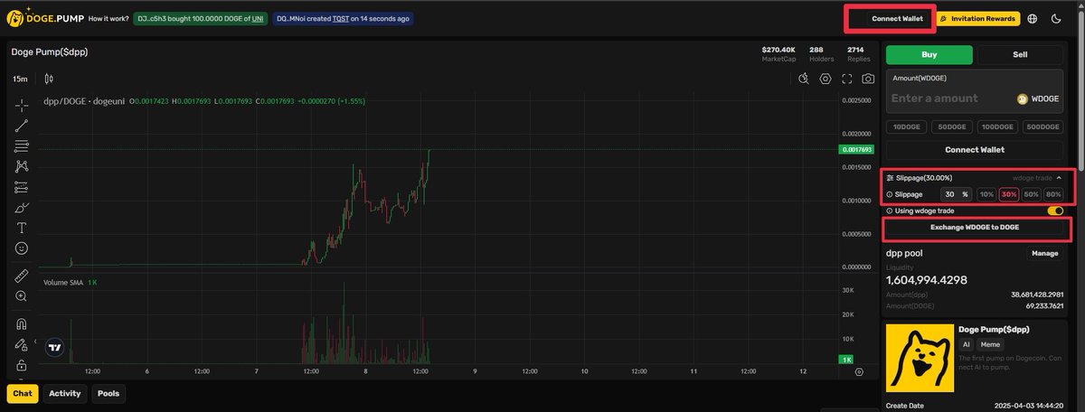 A new project called Dogepump has launched on the $Doge network. Thinking it might be an innovation for memecoins, I made a small transaction. After opening the website, you connect your DogeUni wallet through the “connect wallet” section. Then, at the marked section, you open