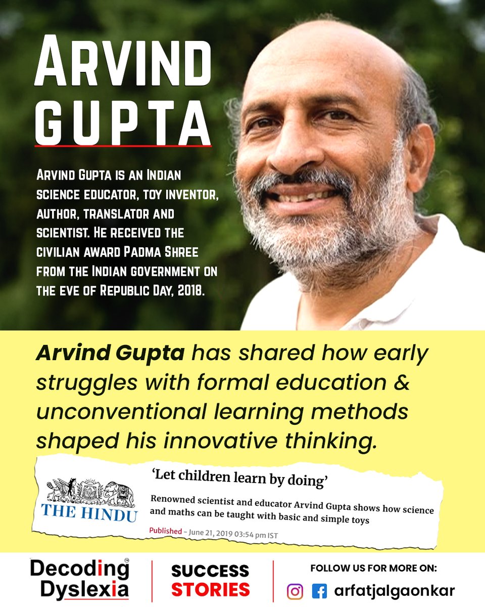OfficiallyArfat's tweet photo. Arvind Gupta’s journey is a powerful example of how challenges can lead to innovation. Struggling with formal education in his early years, he embraced unconventional learning methods that nurtured his creativity and curiosity. 
#dyslexia #decodingdyslexia #dyslexiasupport https://t.co/DkXMdq1bWy