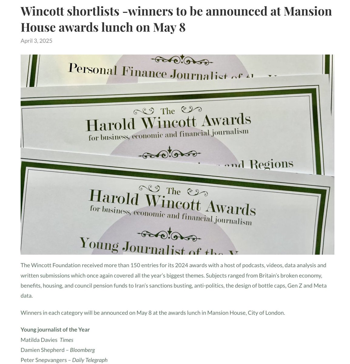 Pieter Snepvangers (@pietersnep) on Twitter photo A great honour and surprise to be nominated for young journalist of the year in the <a href="/Wincottfound/">The Wincott Foundation</a> awards 2025 alongside some stellar nominees. A great honour and surprise to be nominated for young journalist of the year in the <a href="/Wincottfound/">The Wincott Foundation</a> awards 2025 alongside some stellar nominees.