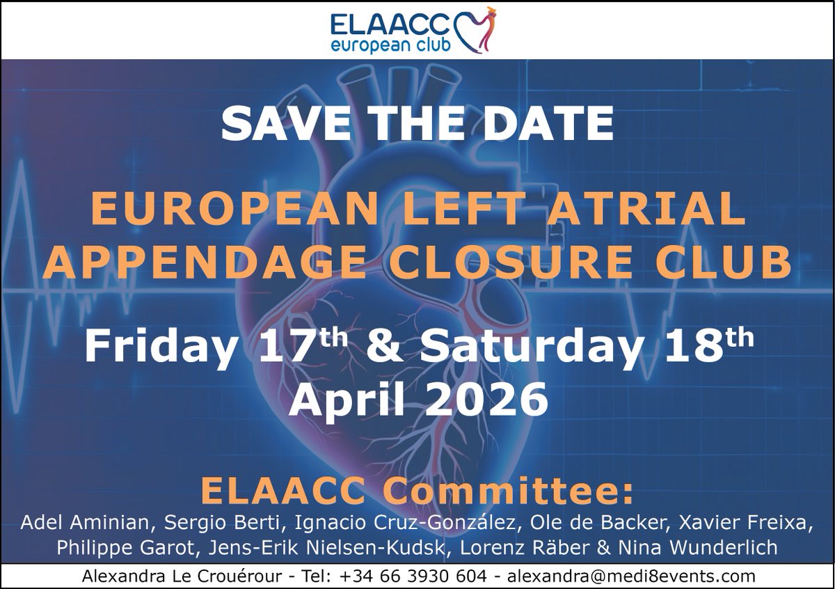 European LAAC Club (@europeanlaacc) on Twitter photo 🩺❤️🩹We are very pleased to announce the date for the 3rd European Left Atrial Appendage Closure Club meeting! #ELAACC2026 on Friday 17th & Saturday 18th April 2026. Find out more at elaacc.eu
<a href="/DrGarot/">Dr Philippe Garot</a> <a href="/RaberLorenz/">Lorenz Räber, MD PhD</a> <a href="/freixa_xavier/">Xavier Freixa</a>
#LAAC #interventionalcardiology 🩺❤️🩹We are very pleased to announce the date for the 3rd European Left Atrial Appendage Closure Club meeting! #ELAACC2026 on Friday 17th & Saturday 18th April 2026. Find out more at elaacc.eu
<a href="/DrGarot/">Dr Philippe Garot</a> <a href="/RaberLorenz/">Lorenz Räber, MD PhD</a> <a href="/freixa_xavier/">Xavier Freixa</a>
#LAAC #interventionalcardiology