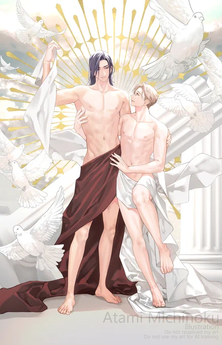 サイン会お土産のタペストリー用に描いた堂成です!こう西洋宗教画っぽくして笑って貰おうとしたんですよ!ネタ的に描いたんですよ!#カリギュラの恋 