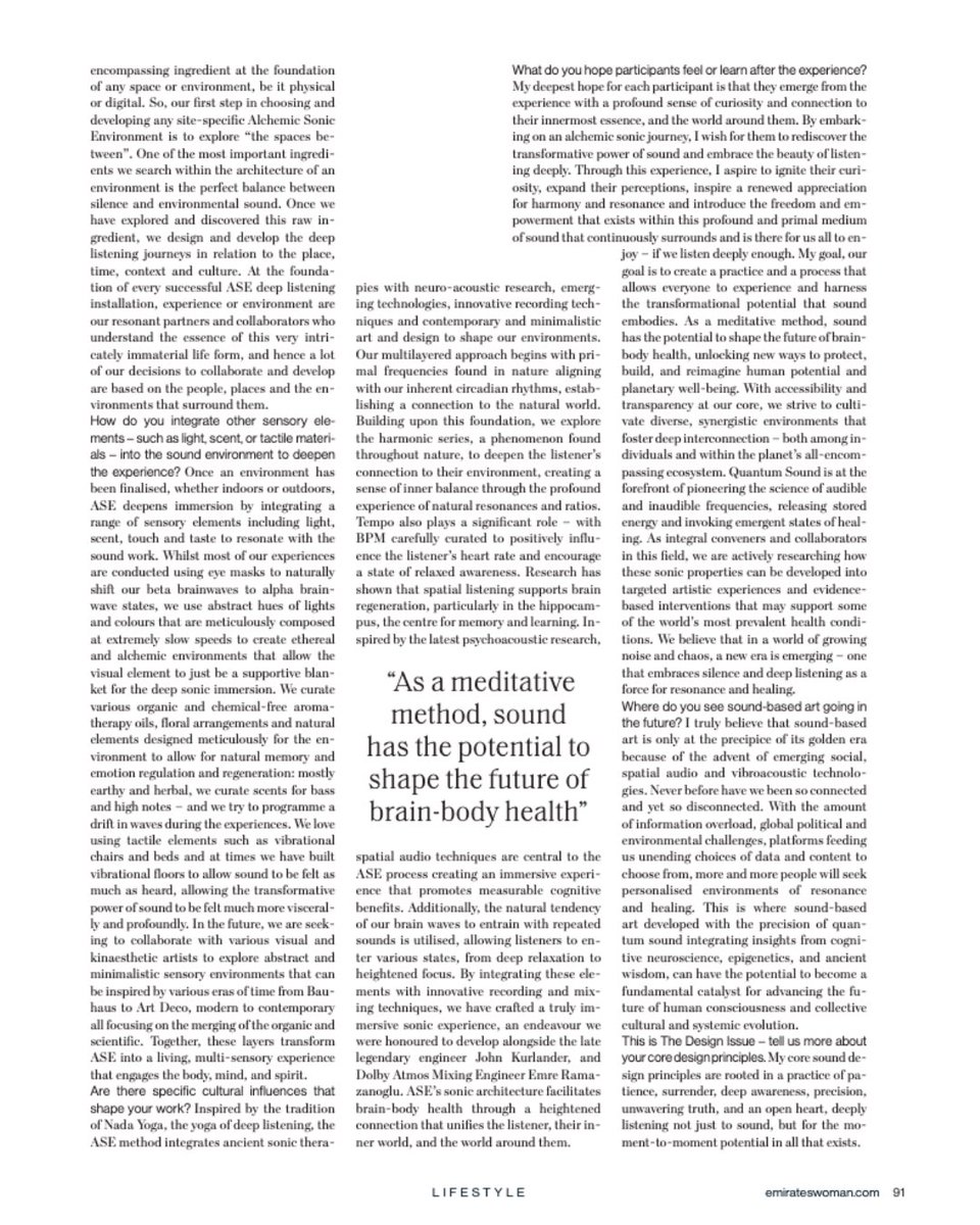 asenvrnmnt's tweet photo. “As a meditative method, sound has the potential to shape the future of brain-body health.” @satyahinduja in her recent feature with Emirates Woman @emirateswoman. 

Read the full article 📖 https://t.co/ADph3lh2Ch

#AlchemicSonicEnvironment #SatyaHinduja #SonicWisdom https://t.co/whhFwo7ygb