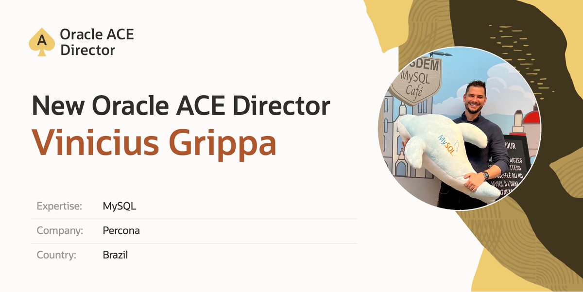 We are happy to announce that Vinicius Grippa has recently become an Oracle ACE Director. Over the years, Vinicius has made significant contributions to the Oracle MySQL community.

Thank you for your recommendation, <a href="/lefred/">lefred - @lefredbe.bsky.social</a> and Lenka Kasparova!
social.ora.cl/6014Fqqks
#OracleACE