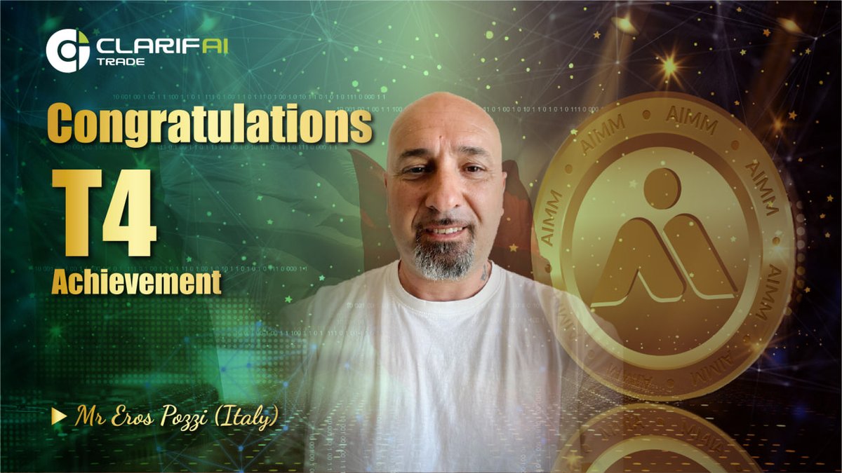 ClarifAI_Trade's tweet photo. 🎖 T4 Milestone Achieved! 

🏆Congratulations to Mr. Eros Pozzi from Italy for reaching T4 with CAI—your dedication and commitment have brought you to this milestone!  🚀

#ClarifAITrade #CAI #AIMM #CAIItaly #GM #blockchain #Crypto #AI #btc #eth #doge #xrp https://t.co/jAM1gRxNjT