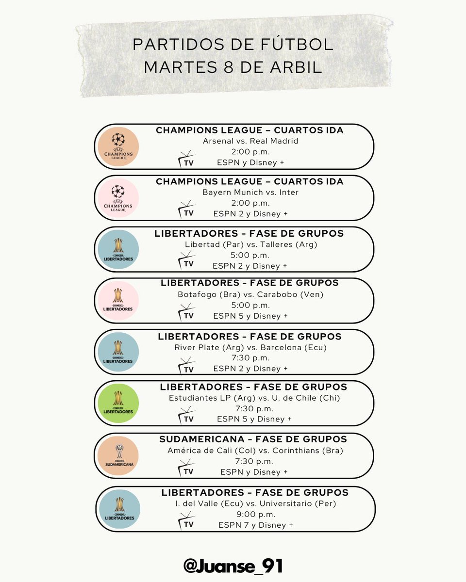 juanse_91's tweet photo. #FelizMartes
Día de #ChampionsLeague 🤩
Imperdible el #ARSRMA 🏴🇪🇸
Tremendo el #FCBINT 🇩🇪🇮🇹
Acción en #Libertadores 🏆, destaca #RiverBSC 🇦🇷🇪🇨
#America 👹 recibe a #Corinthians 🇧🇷 en #Sudamericana https://t.co/FjDswbqdO6