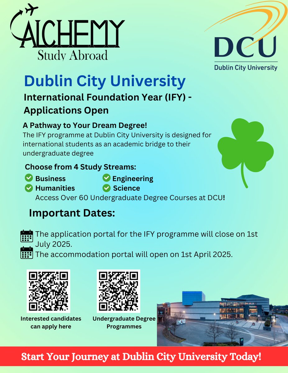 Alchemy_Study's tweet photo. 🎓🇮🇪 Dublin City University (DCU) – A leading destination for international students in Ireland! 🌍✨ Explore top-ranked programs, vibrant campus life, and global opportunities. Apply now with expert guidance! ✅ #dublincityuniversity #studyinireland #studyabroad https://t.co/8bdHADMFAR