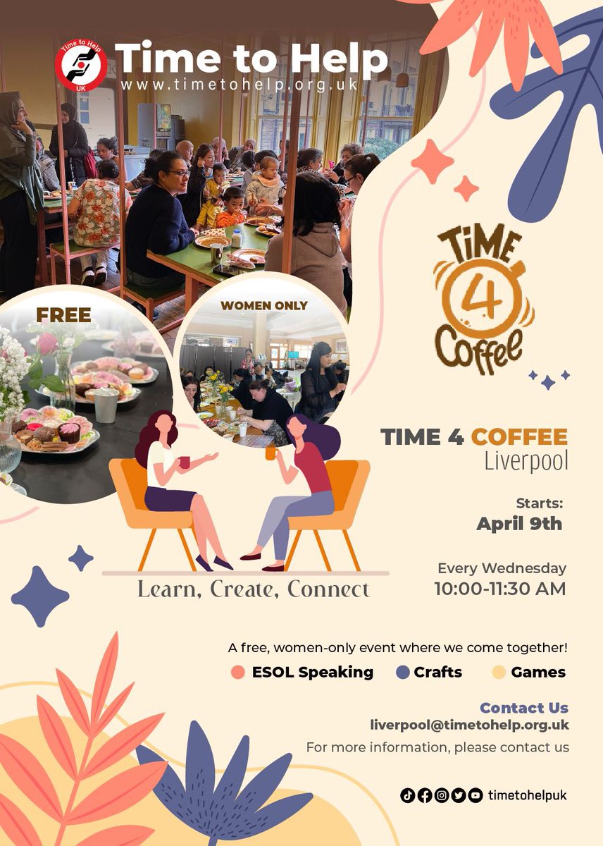 TimetoHelpUK's tweet image. Time 4 Coffee – Liverpool
Every Wednesday | 10–11:30am
Women only ☕

Join us for tea, ESOL support 📚, arts &amp;amp; crafts 🎨, games 🎲 &amp;amp; sisterhood!

Starts tomorrow (Wed 9th April)
Email: liverpool@timetohelp.org.uk for the address!

#Liverpool #RefugeeSupport