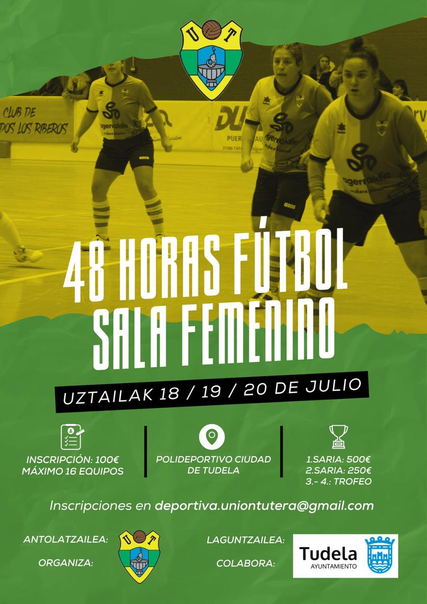 ADI! Aurten, estreinakoz emakumezkoen areto-futbol txapelketa antolatuko dugu, animatu eta parte hartu! 
Izen emateak deportiva.uniontutera@gmail.com helbidean.

ATENCION!! Este año TORNEO FEMENINO DE FUTBOL SALA.
Inscríbete ya en deportiva.uniontutera@gmail.com