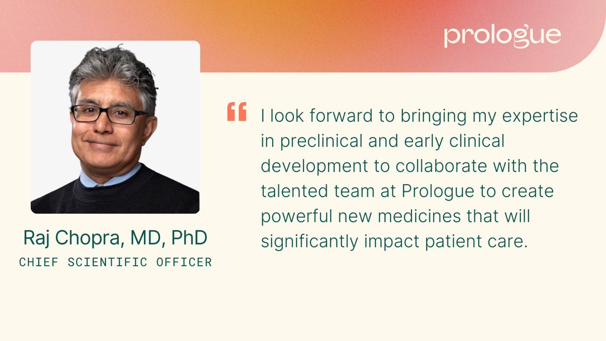 Prologue_Med's tweet photo. We’re excited to welcome Dr. Raj Chopra as our Chief Scientific Officer. Learn more about Raj and how he will help us advance our mission to unlock the therapeutic potential of viral proteins and create transformative medicines: https://t.co/wHcFSpI4U5 #PeopleofPrologue https://t.co/zZc9dVBuKB