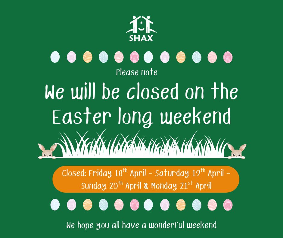 🌼 Easter Holiday Closure Notice 🌼

Just a quick heads up in advance, we will be taking a short break over the Easter long weekend, this means SHAX will be closed on:

📅 Friday, 18th April – Monday, 21st April

We’ll be back open on Tuesday, 22nd April💚