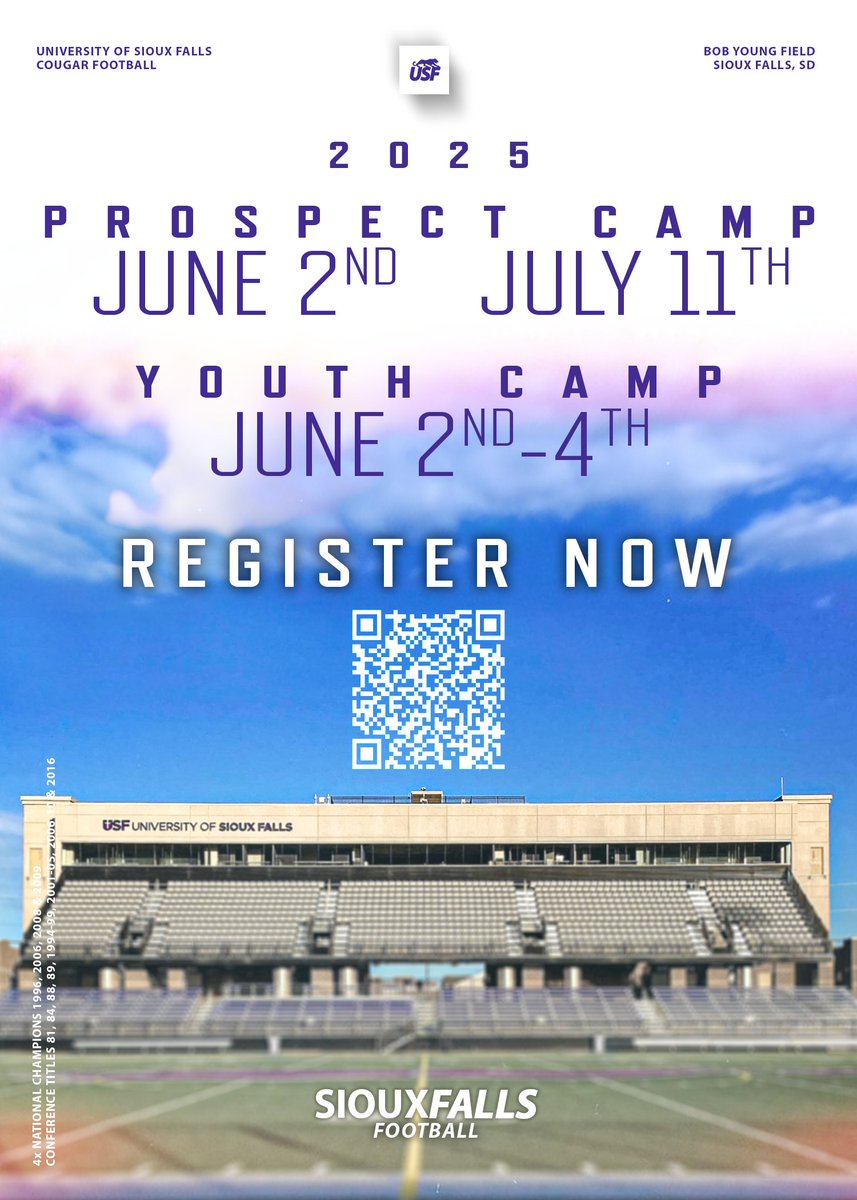 Camps are open for registration‼ 

Prospect Camp #1 
📆June 2 
Prospect Camp #2 
📆July 11 
Youth Camp 
📆June 2-4

🔗webapps.usiouxfalls.edu/athletics/camp…

#WinnersWin #CooFalls