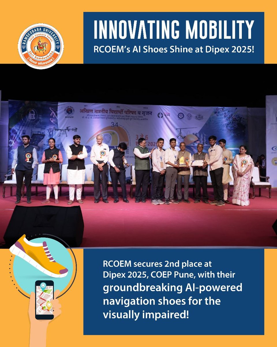 RCOEM shines at Dipex 2025 by securing 2nd place with their revolutionary AI-powered navigation shoes designed for the visually impaired. A proud moment showcasing innovation and impact in mobility solutions!
