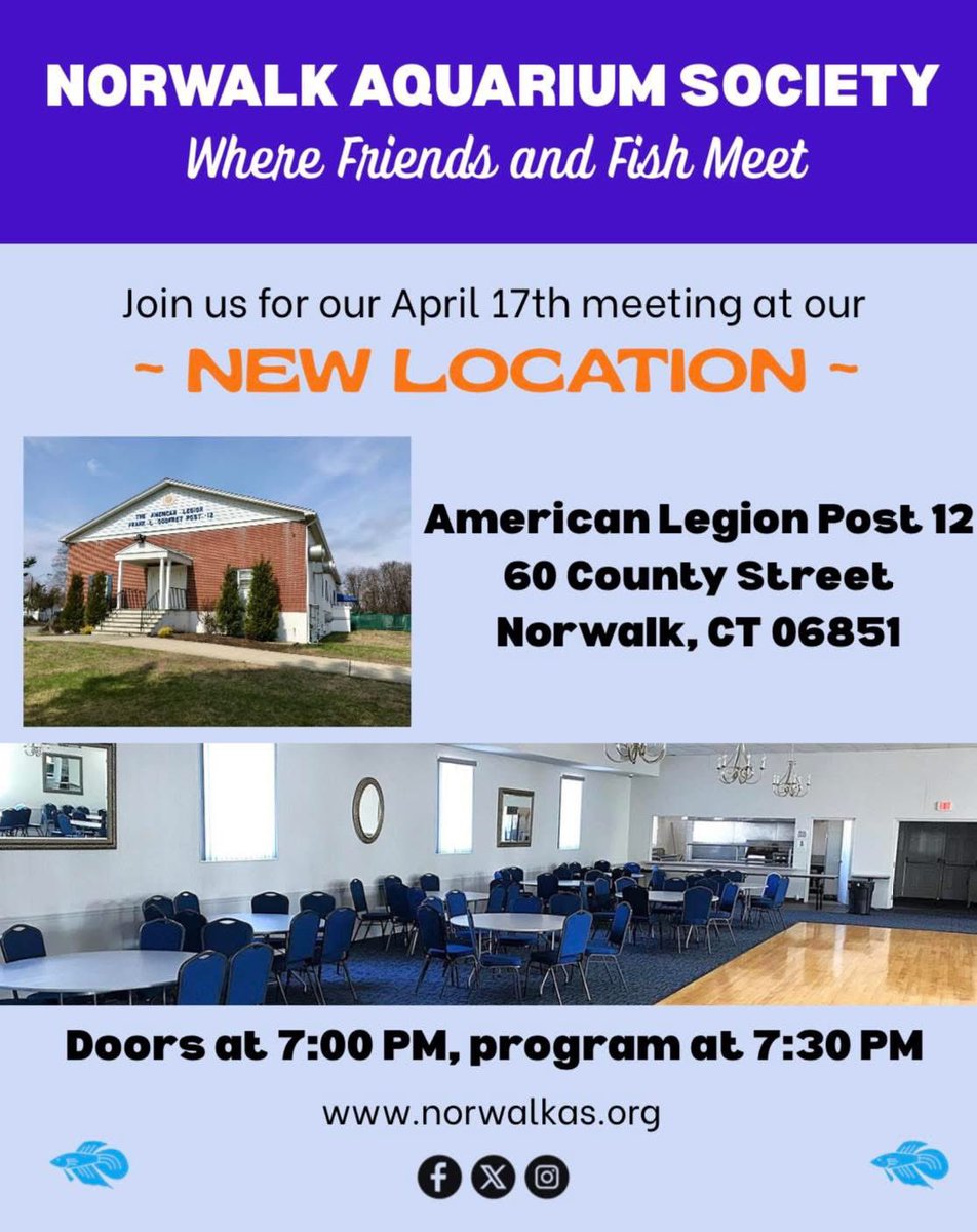🐟🐟🐟🐟🐟🐟🐟🐟🐟🐟
Norwalk Aquarium Society 
would like to invite everyone for our April 17, 2025 monthly meeting. 
We have a NEW LOCATION.
American Legion Post 12
60 County Street
Norwalk, CT 06851
🐟🐟🐟🐟🐟🐟🐟🐟🐟🐟