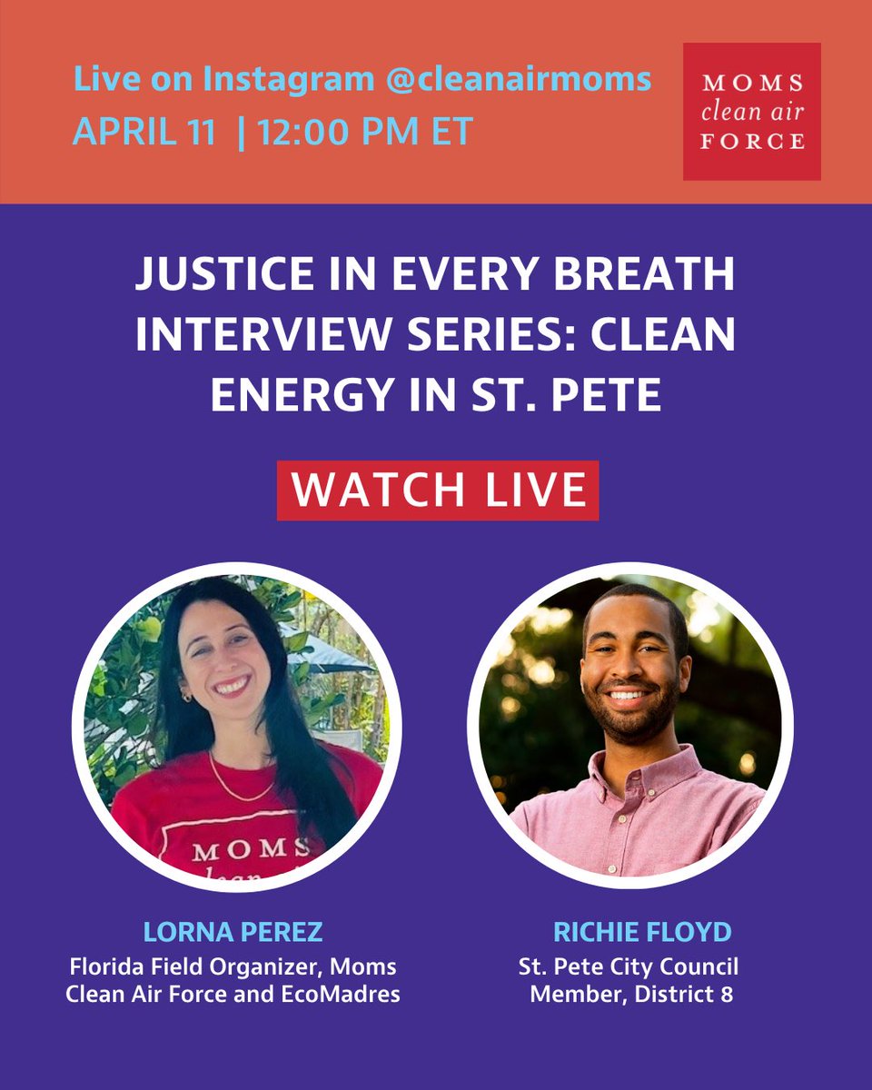 Moms Clean Air Force - Florida (@cleanairmoms_fl) on Twitter photo What does it look like for a city to make a commitment to 100% clean energy? Tune in and find out on Friday, April 11th at 12pm as Moms Clean Air Force Florida organizer Lorna Perez interviews St. Pete City Council Member <a href="/richiejfloyd/">Richie Floyd</a> for our next Justice in Every Breath series! What does it look like for a city to make a commitment to 100% clean energy? Tune in and find out on Friday, April 11th at 12pm as Moms Clean Air Force Florida organizer Lorna Perez interviews St. Pete City Council Member <a href="/richiejfloyd/">Richie Floyd</a> for our next Justice in Every Breath series!